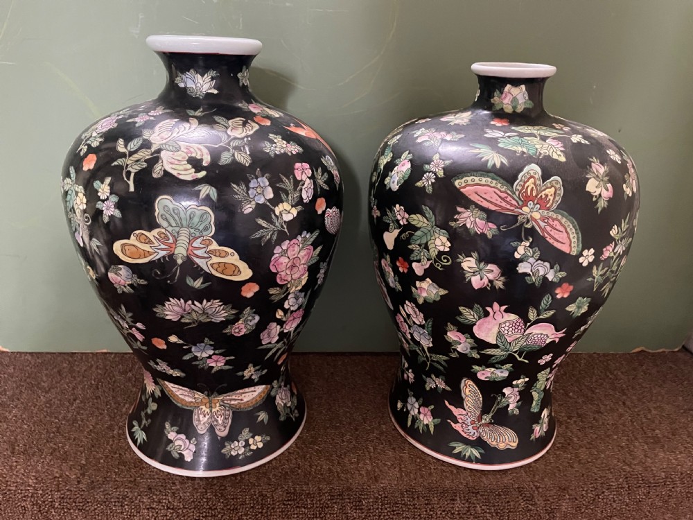 Pair of late C19th/ early C20th Chinese Qing Dynasty ‘famille noir’ enamel decorated porcelain vases. View II