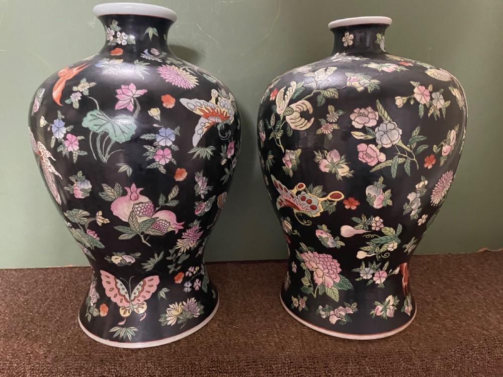 Pair of late C19th/ early C20th Chinese Qing Dynasty ‘famille noir’ enamel decorated porcelain vases. View IV