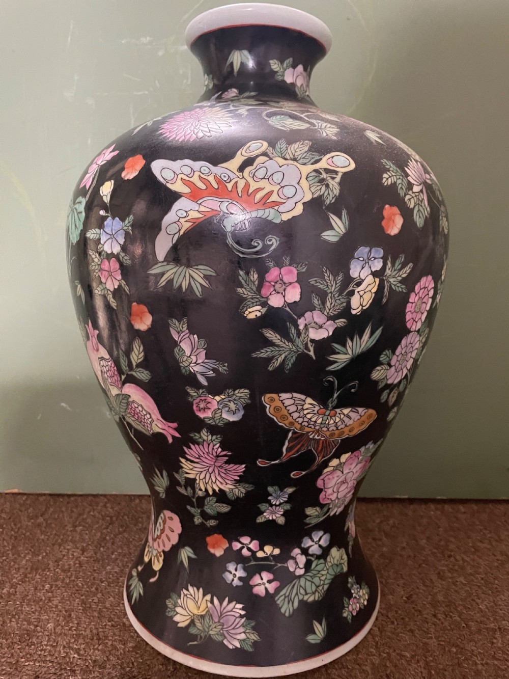 Pair of late C19th/ early C20th Chinese Qing Dynasty ‘famille noir’ enamel decorated porcelain vases. View VI