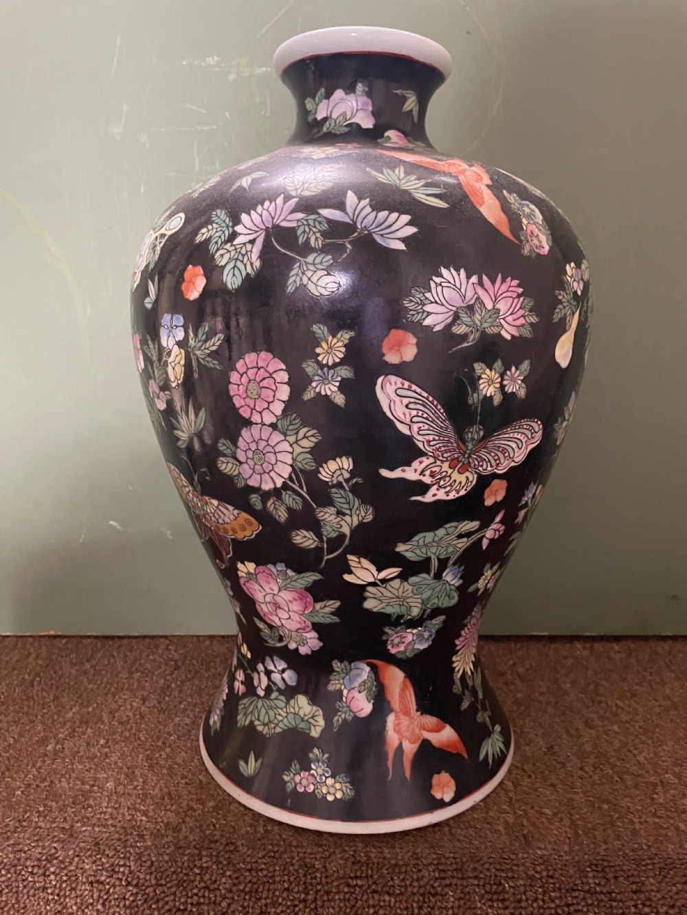 Pair of late C19th/ early C20th Chinese Qing Dynasty ‘famille noir’ enamel decorated porcelain vases. View VII