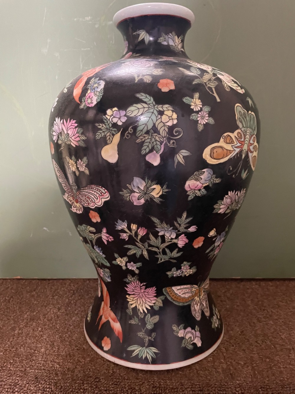 Pair of late C19th/ early C20th Chinese Qing Dynasty ‘famille noir’ enamel decorated porcelain vases. View VIII