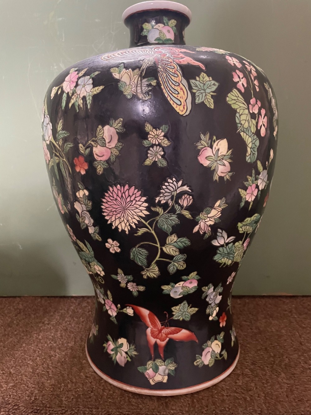 Pair of late C19th/ early C20th Chinese Qing Dynasty ‘famille noir’ enamel decorated porcelain vases. View IX