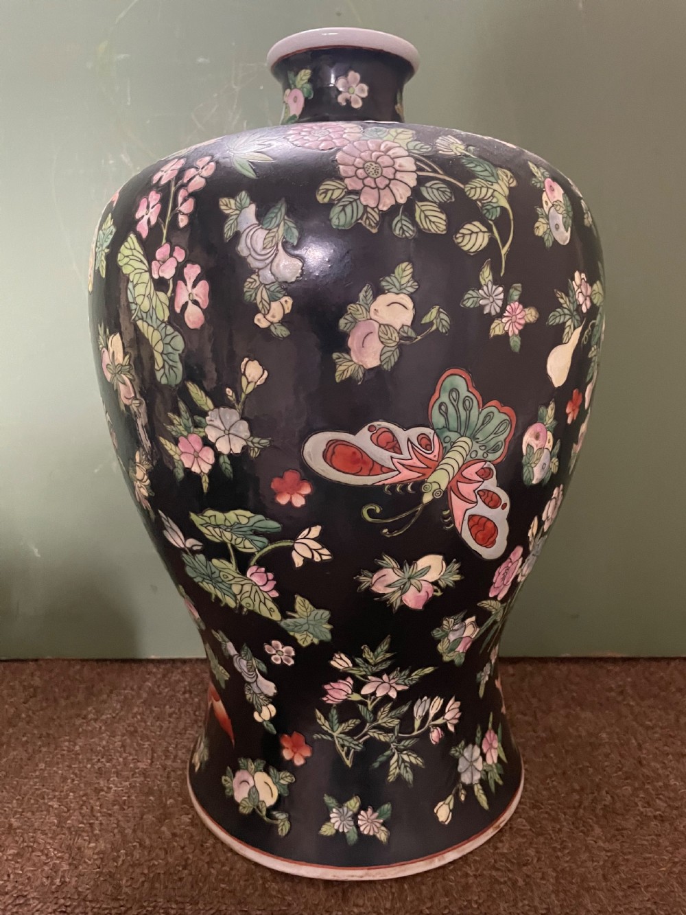 Pair of late C19th/ early C20th Chinese Qing Dynasty ‘famille noir’ enamel decorated porcelain vases. View X