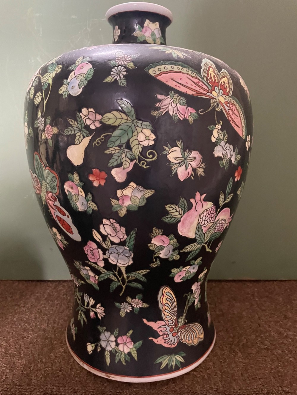 Pair of late C19th/ early C20th Chinese Qing Dynasty ‘famille noir’ enamel decorated porcelain vases. View XI
