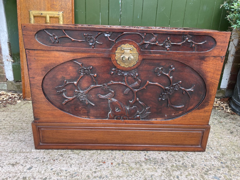 Late C19th Chinese Qing Dynasty carved hardwood trunk on stand. View II