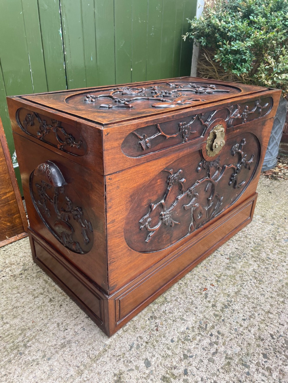 Late C19th Chinese Qing Dynasty carved hardwood trunk on stand. View III