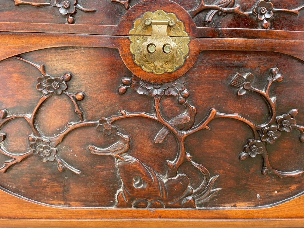 Late C19th Chinese Qing Dynasty carved hardwood trunk on stand. View V