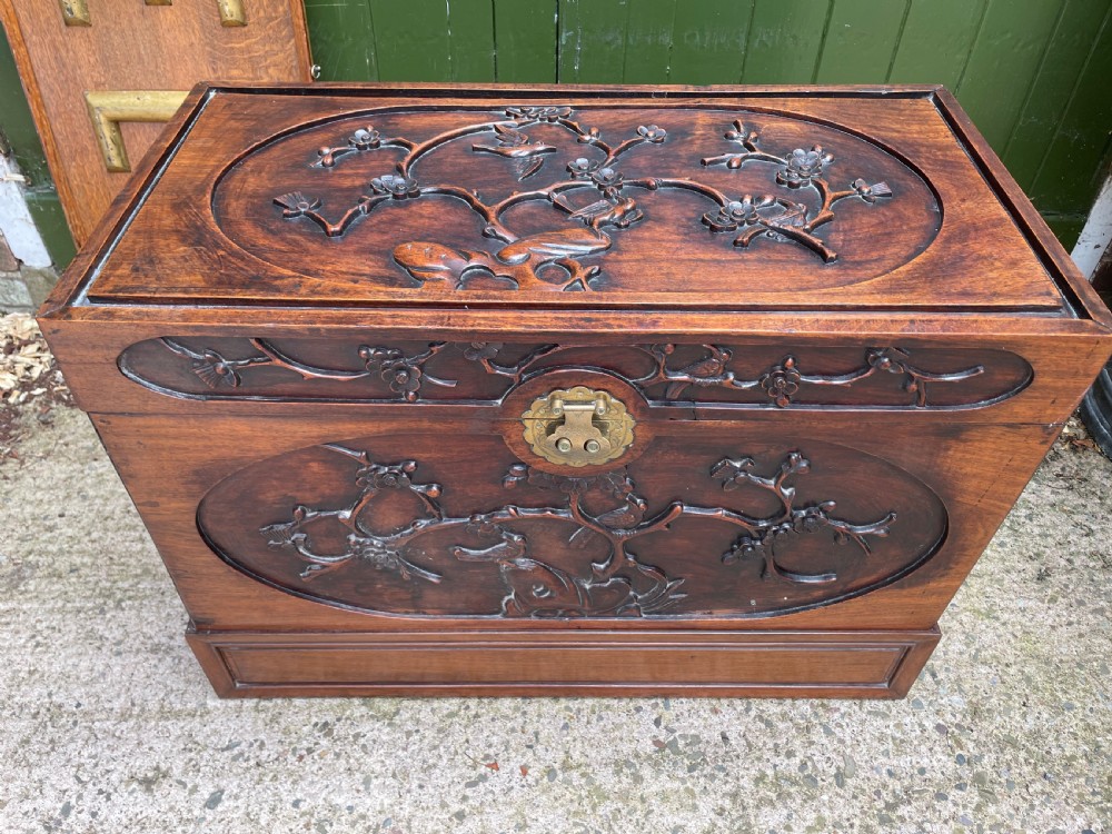 Late C19th Chinese Qing Dynasty carved hardwood trunk on stand. View VI