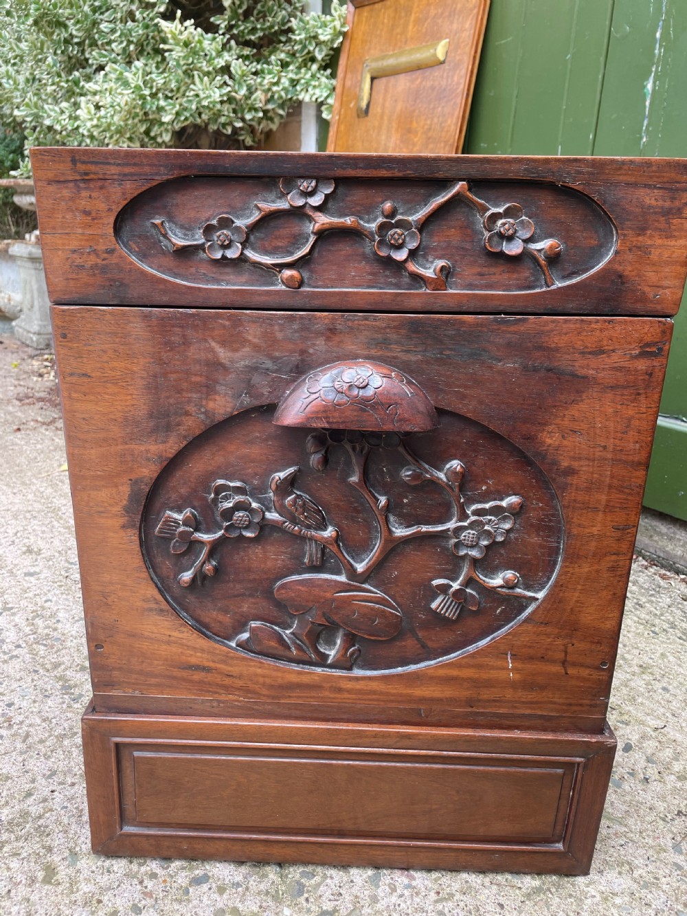 Late C19th Chinese Qing Dynasty carved hardwood trunk on stand. View VIII
