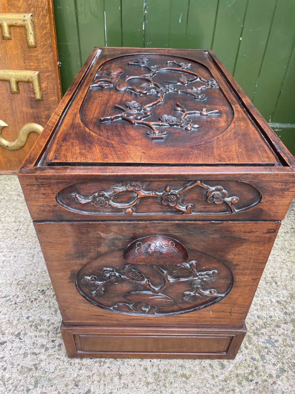 Late C19th Chinese Qing Dynasty carved hardwood trunk on stand. View IX