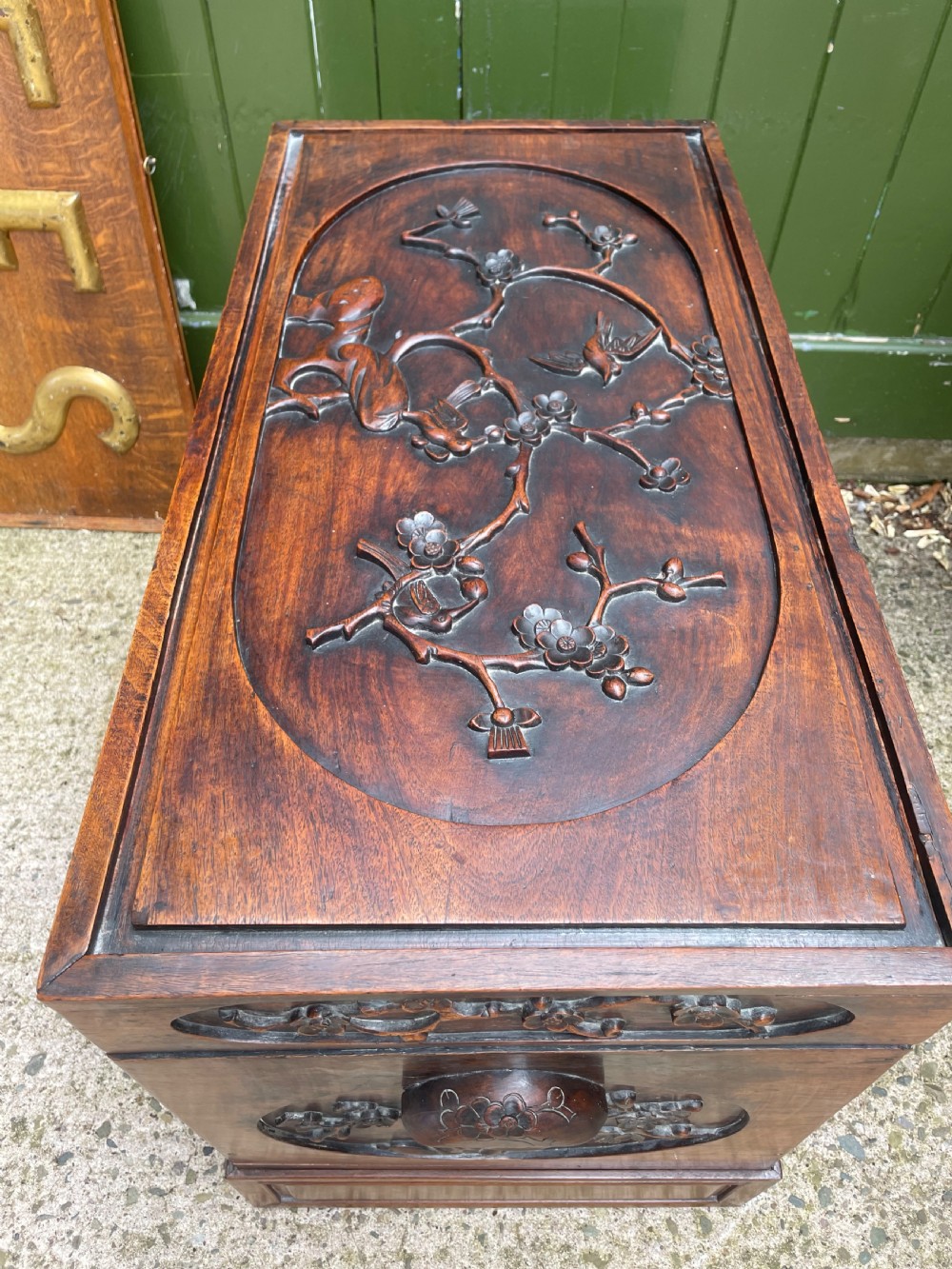 Late C19th Chinese Qing Dynasty carved hardwood trunk on stand. View XI