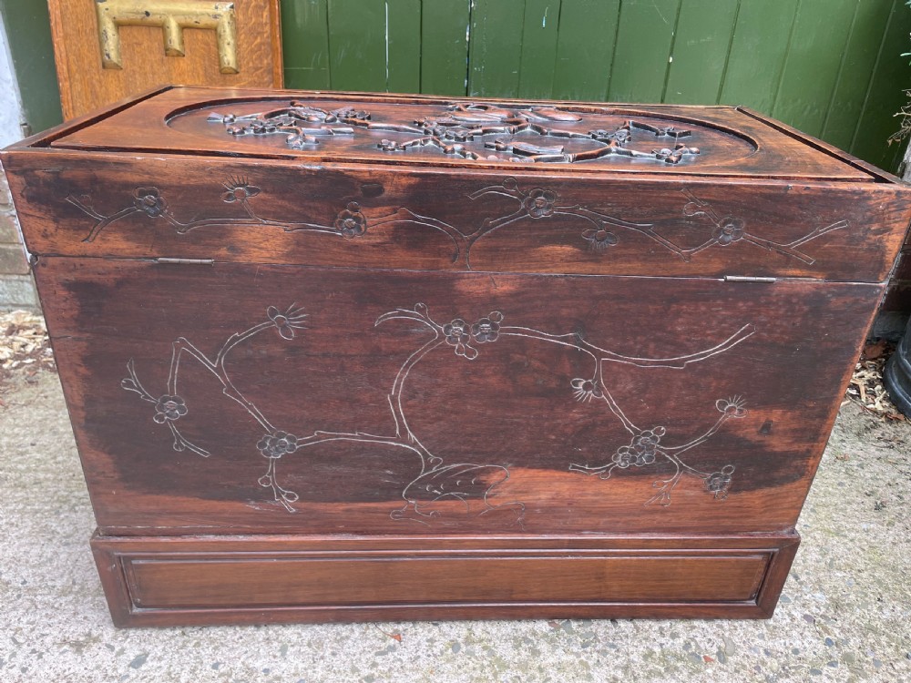 Late C19th Chinese Qing Dynasty carved hardwood trunk on stand. View XII