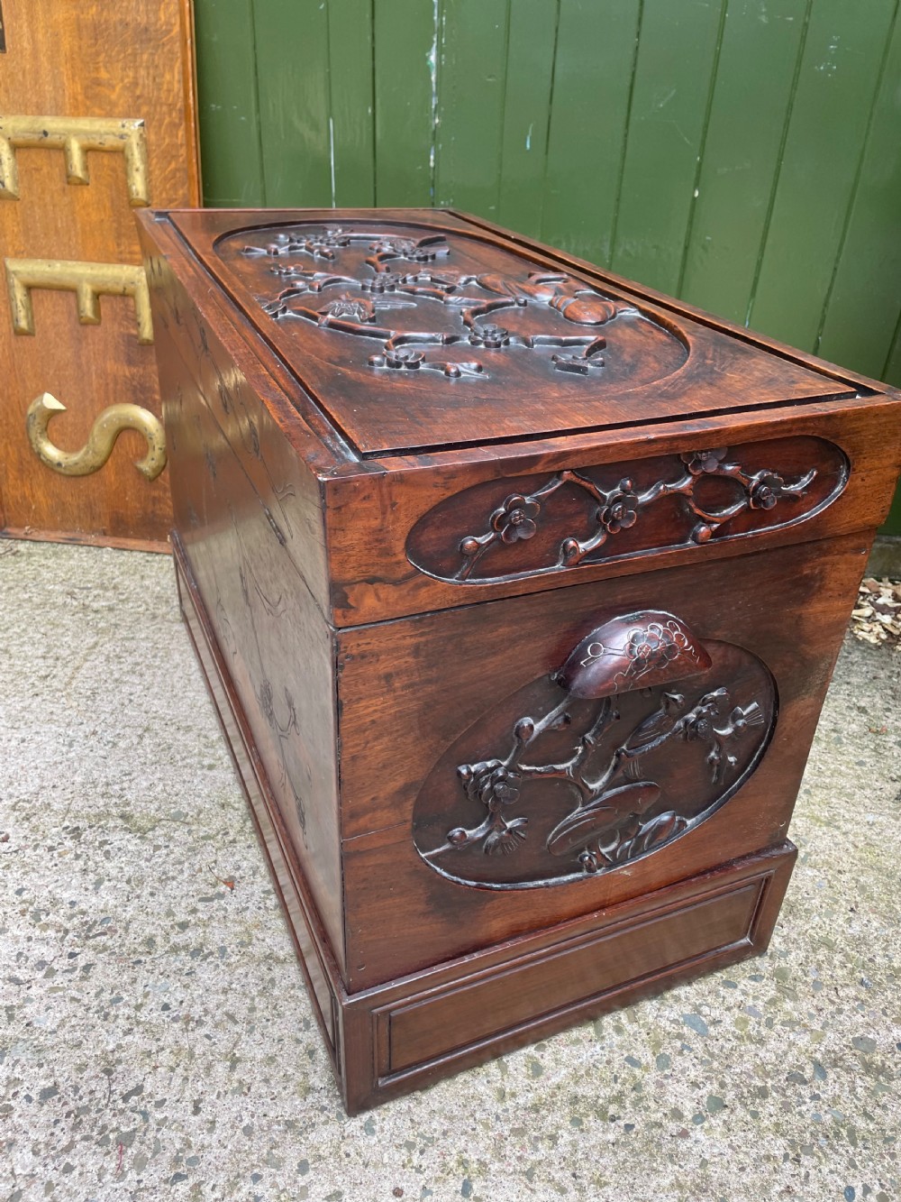 Late C19th Chinese Qing Dynasty carved hardwood trunk on stand. View XIII