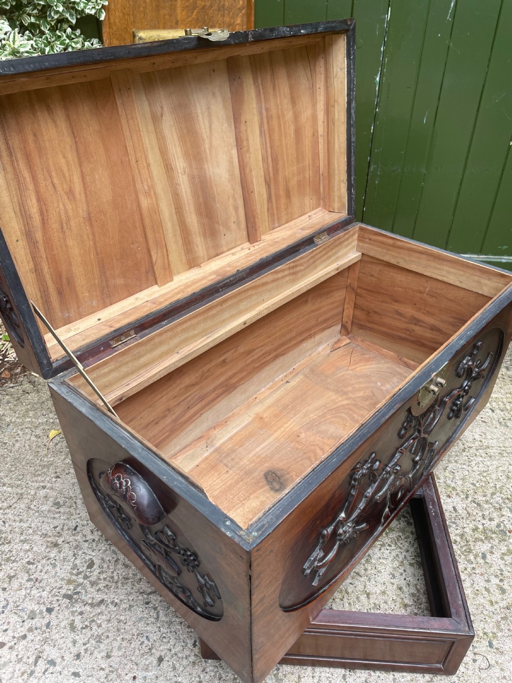Late C19th Chinese Qing Dynasty carved hardwood trunk on stand. View XIV