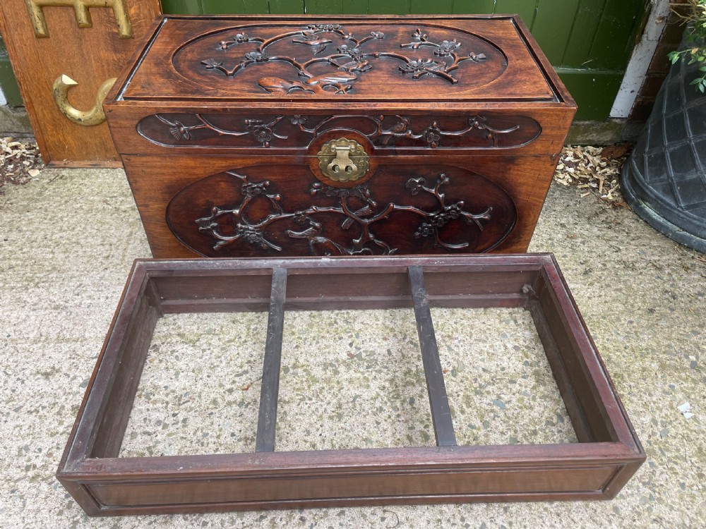 Late C19th Chinese Qing Dynasty carved hardwood trunk on stand. View XIX