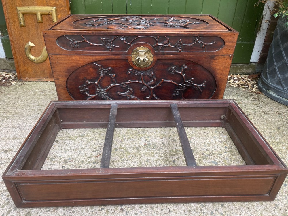 Late C19th Chinese Qing Dynasty carved hardwood trunk on stand. View XX