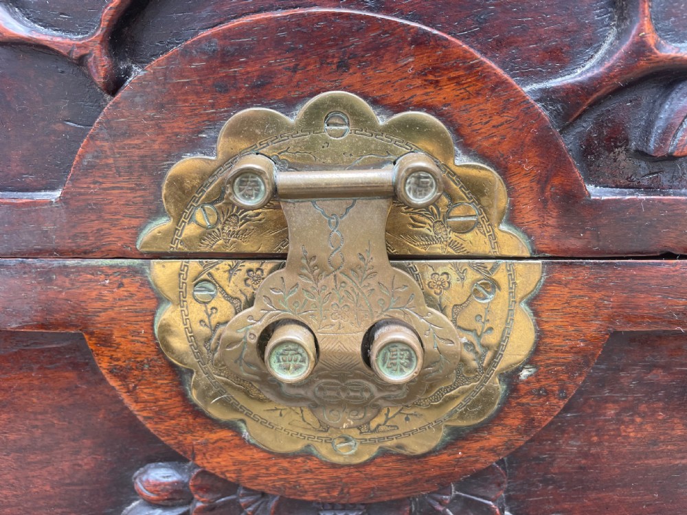 Late C19th Chinese Qing Dynasty carved hardwood trunk on stand. View XXI