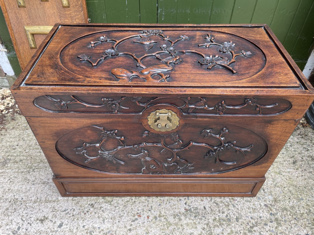 Late C19th Chinese Qing Dynasty carved hardwood trunk on stand. View XXIII