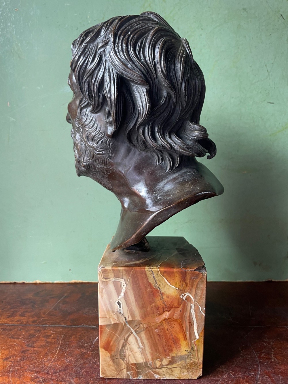 Late C19th Italian ‘Grand Tour’ souvenir , after the antique, cast bronze bust study of “The Pseudo Seneca” .  View V