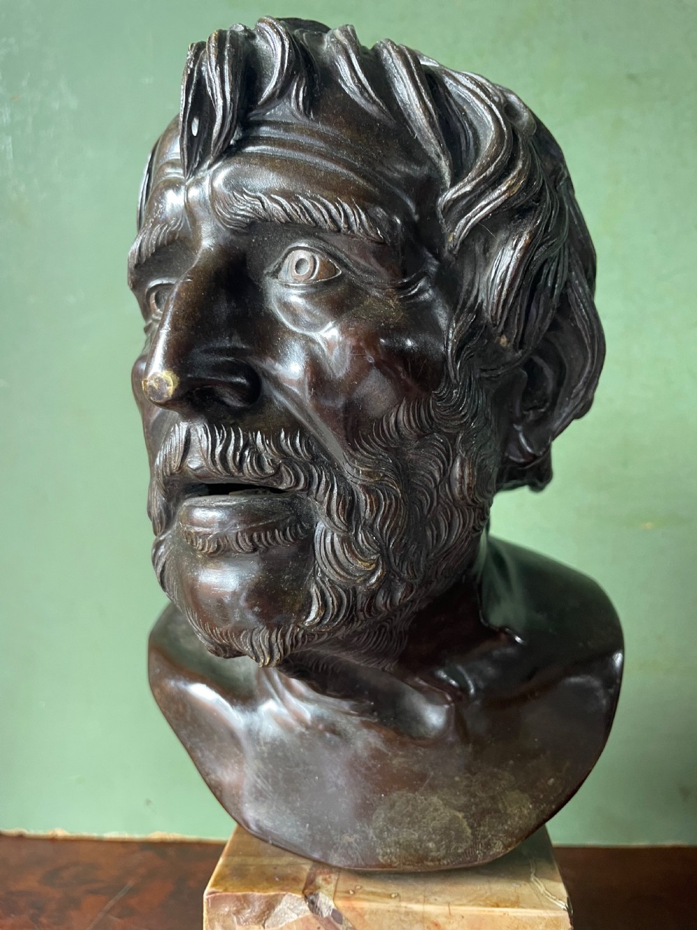 Late C19th Italian ‘Grand Tour’ souvenir , after the antique, cast bronze bust study of “The Pseudo Seneca” .  View X