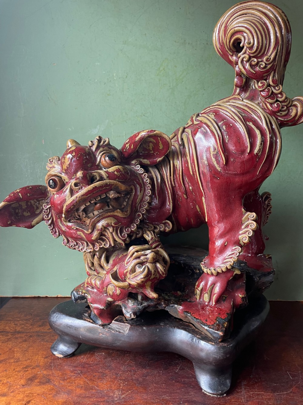 C19th Chinese glazed stone-ware study of a guardian lion-dog . View X