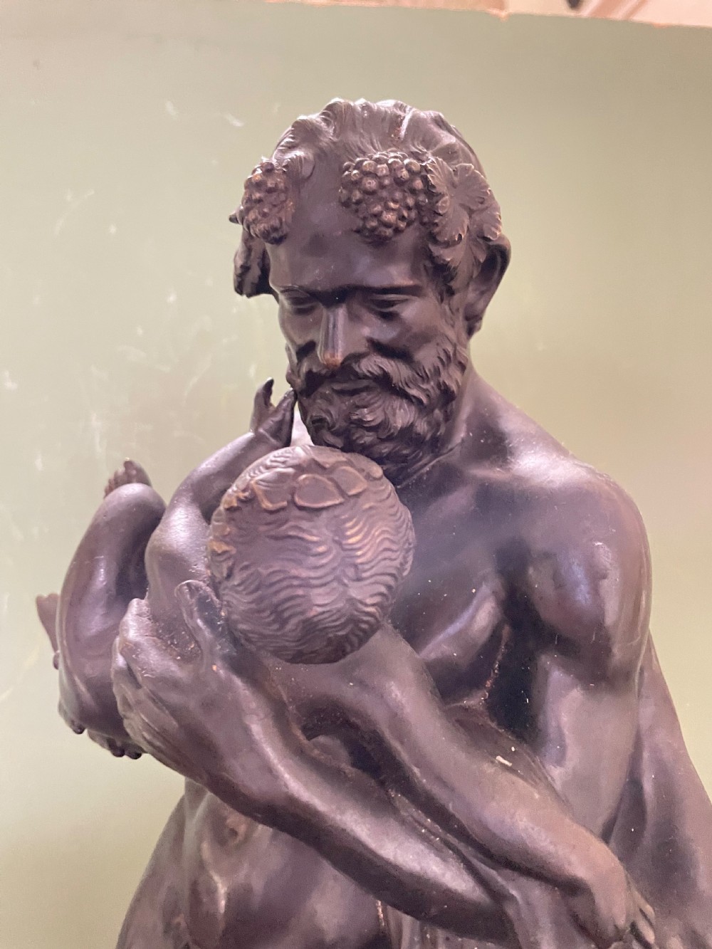 Large mid C19th Italian ‘Grand Tour’ souvenir bronze sculpture, after the antique, of Silenus cradling the Infant Bacchus. View V