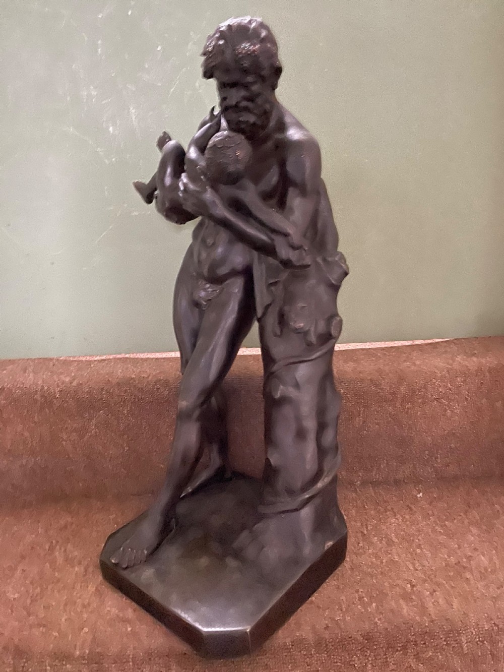 Large mid C19th Italian ‘Grand Tour’ souvenir bronze sculpture, after the antique, of Silenus cradling the Infant Bacchus. View VI