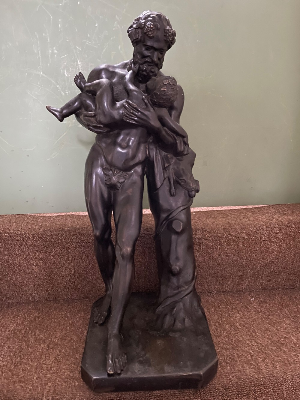 Large mid C19th Italian ‘Grand Tour’ souvenir bronze sculpture, after the antique, of Silenus cradling the Infant Bacchus. View VII