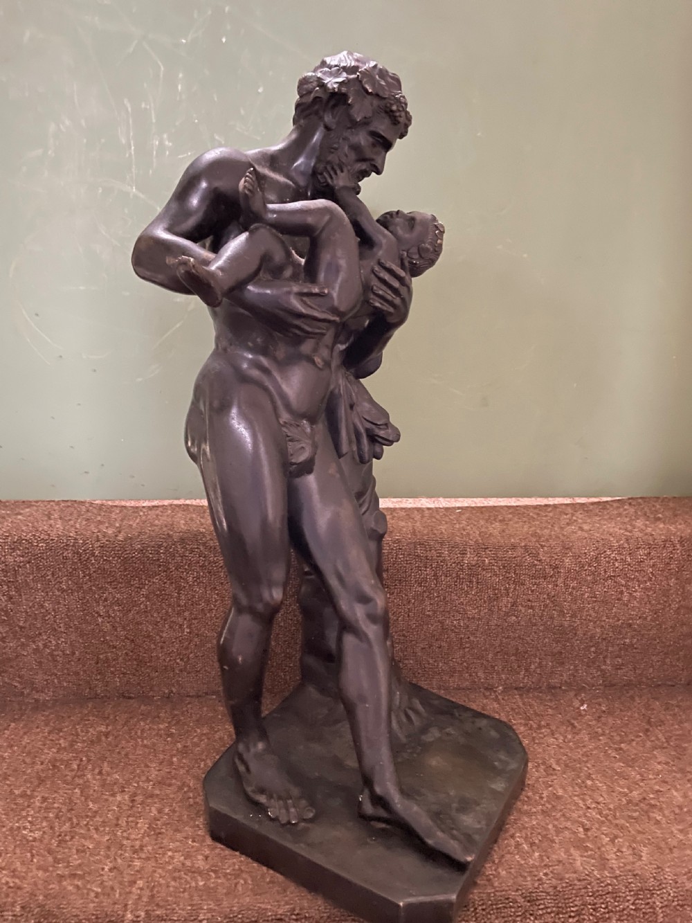 Large mid C19th Italian ‘Grand Tour’ souvenir bronze sculpture, after the antique, of Silenus cradling the Infant Bacchus. View VIII