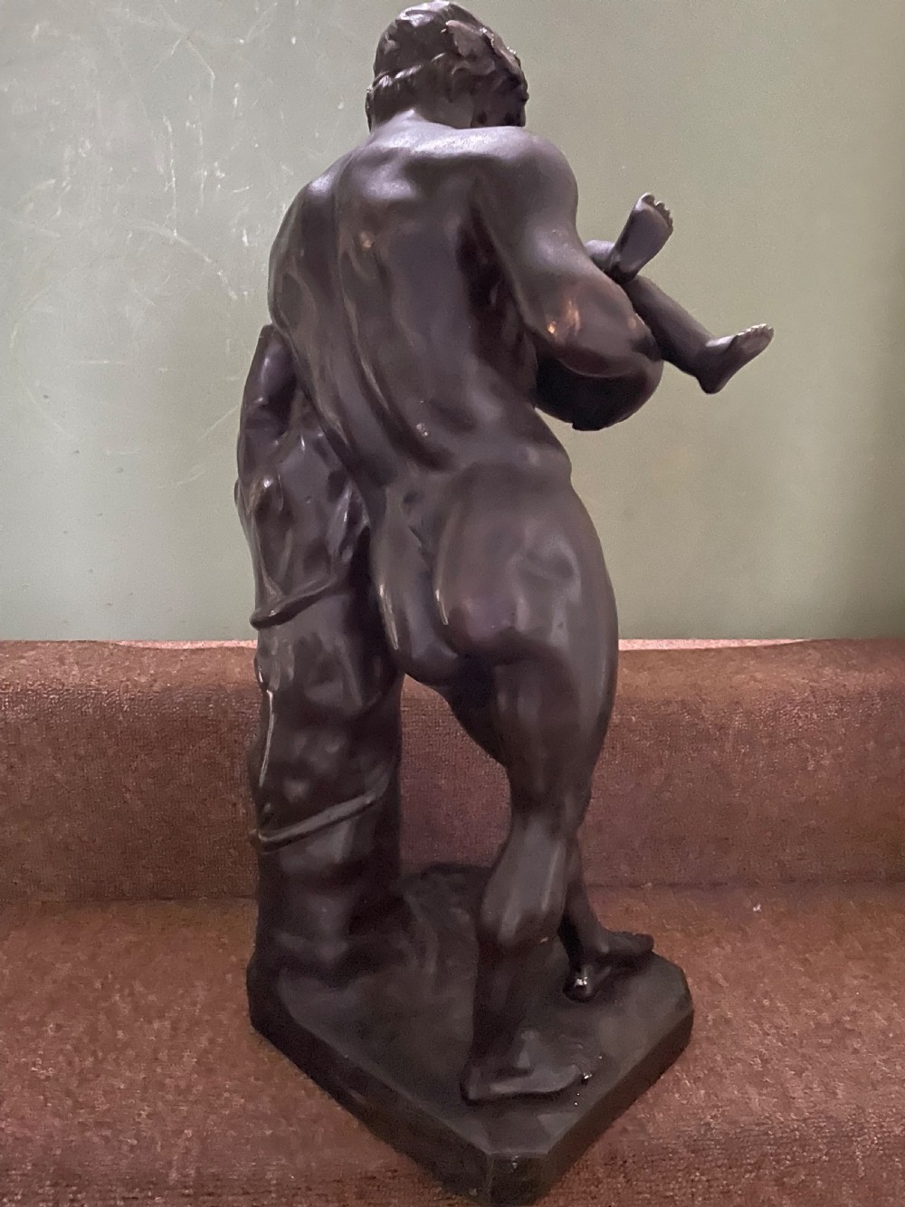 Large mid C19th Italian ‘Grand Tour’ souvenir bronze sculpture, after the antique, of Silenus cradling the Infant Bacchus. View IX