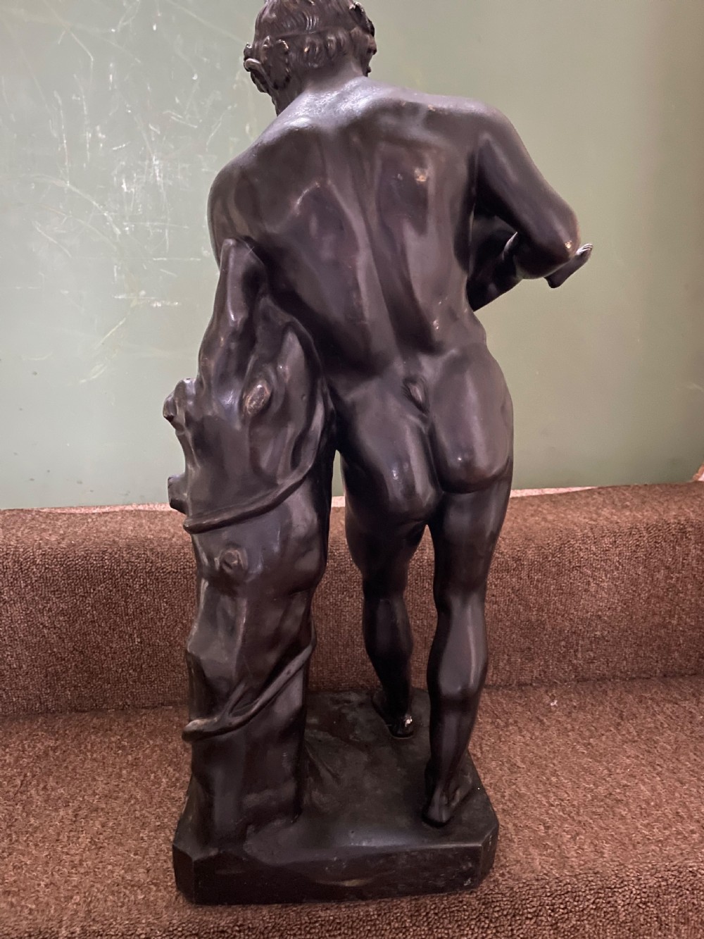 Large mid C19th Italian ‘Grand Tour’ souvenir bronze sculpture, after the antique, of Silenus cradling the Infant Bacchus. View X