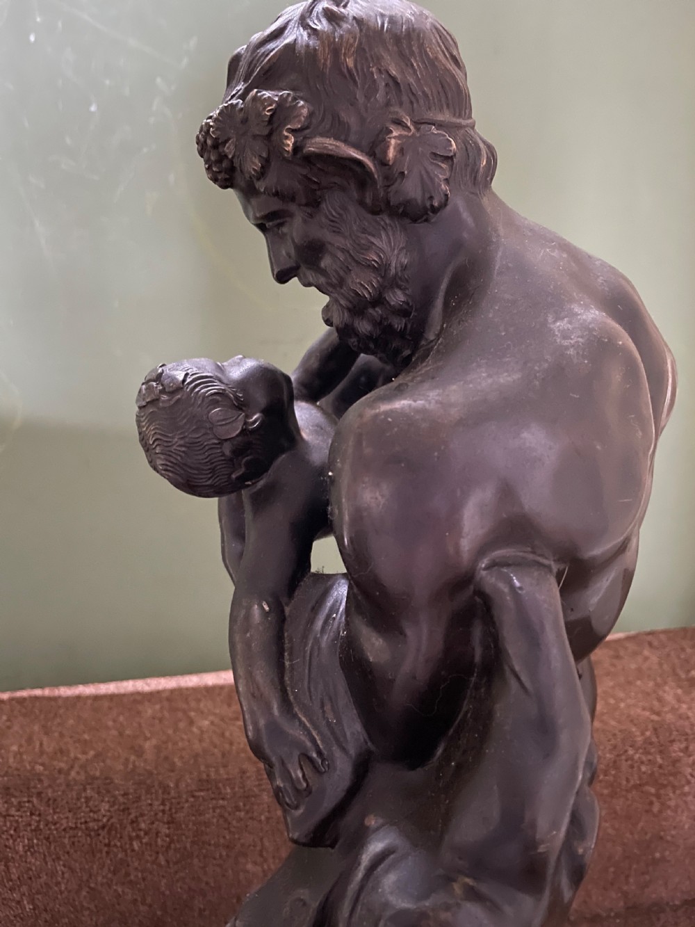 Large mid C19th Italian ‘Grand Tour’ souvenir bronze sculpture, after the antique, of Silenus cradling the Infant Bacchus. View XI