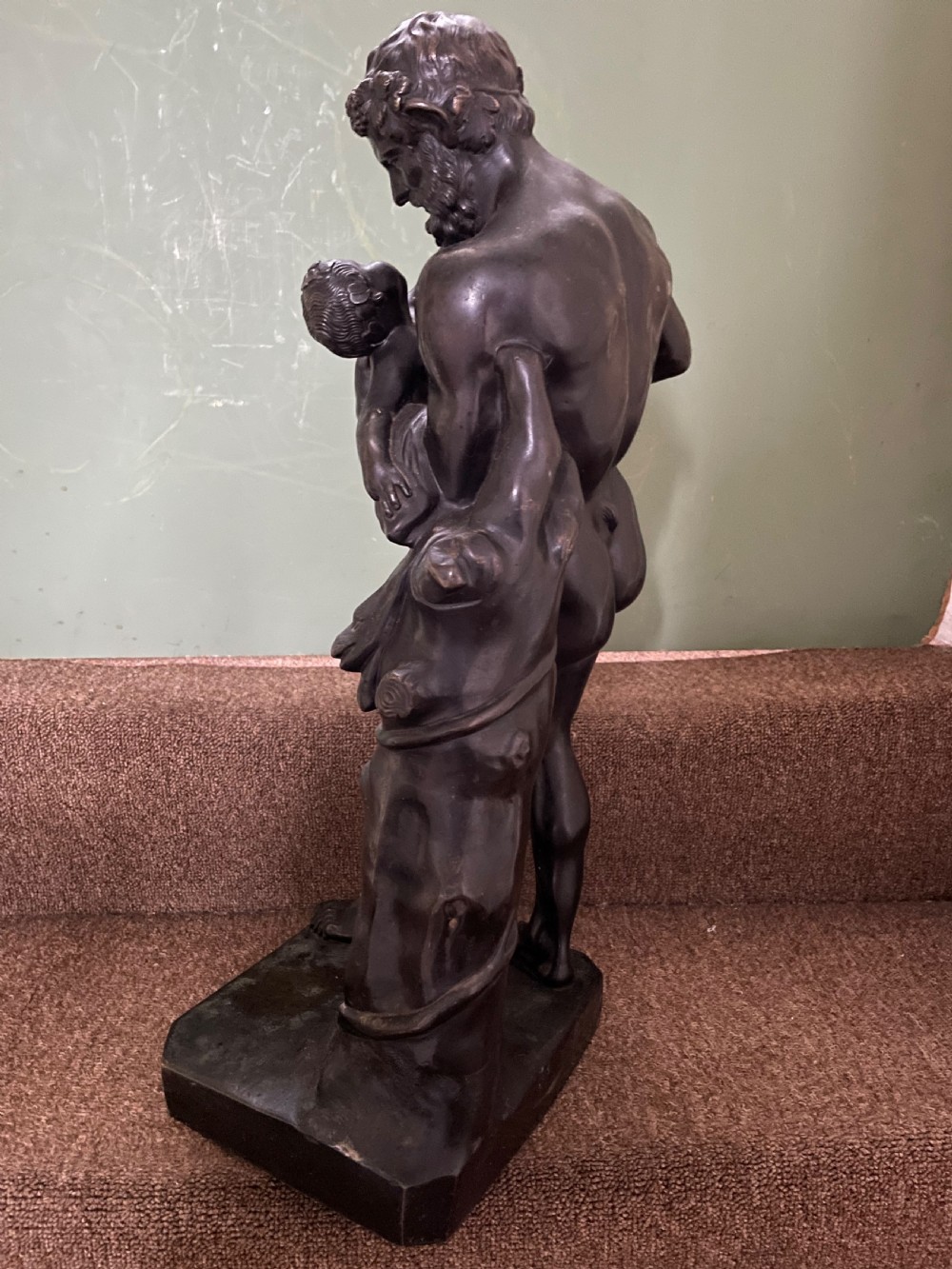 Large mid C19th Italian ‘Grand Tour’ souvenir bronze sculpture, after the antique, of Silenus cradling the Infant Bacchus. View XII