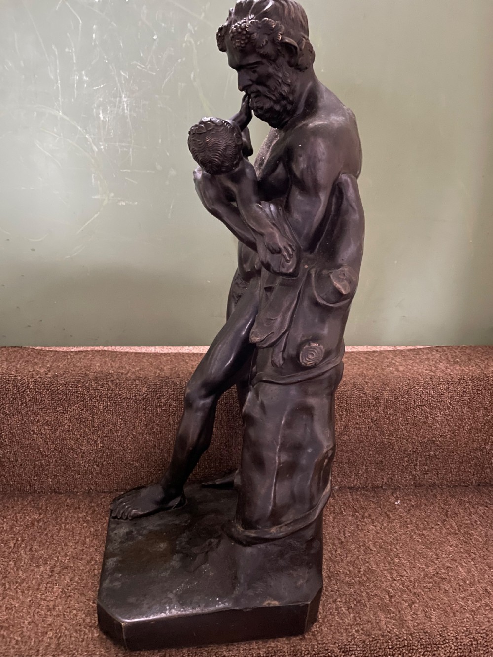 Large mid C19th Italian ‘Grand Tour’ souvenir bronze sculpture, after the antique, of Silenus cradling the Infant Bacchus. View XIII