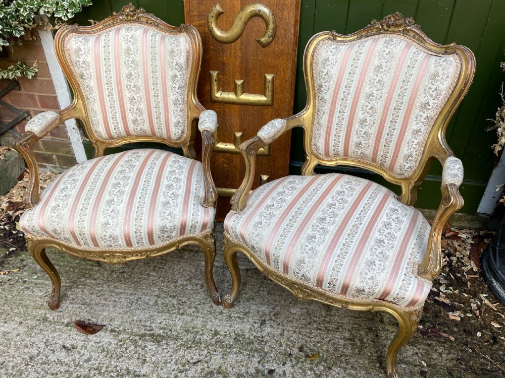 Elegant pair of late C19th French carved gilt-wood salon armchairs in the C18th Louis XVI period rococo style. View III