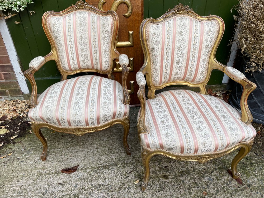 Elegant pair of late C19th French carved gilt-wood salon armchairs in the C18th Louis XVI period rococo style. View XIV