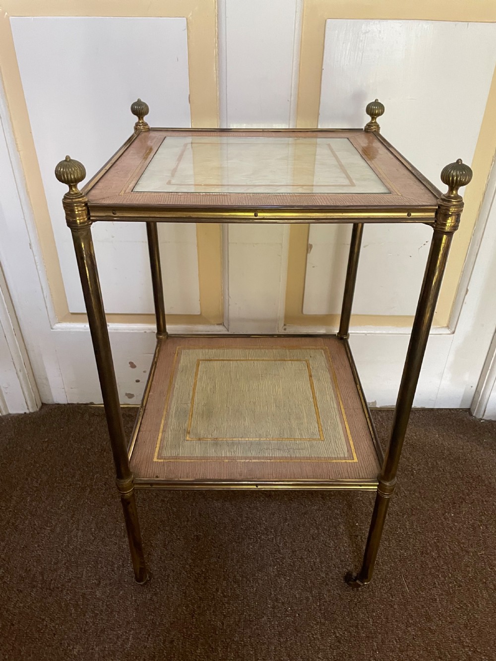 Fine quality early C20th brass-framed two-tier etagere with nacre-shell inlaid panel top.
