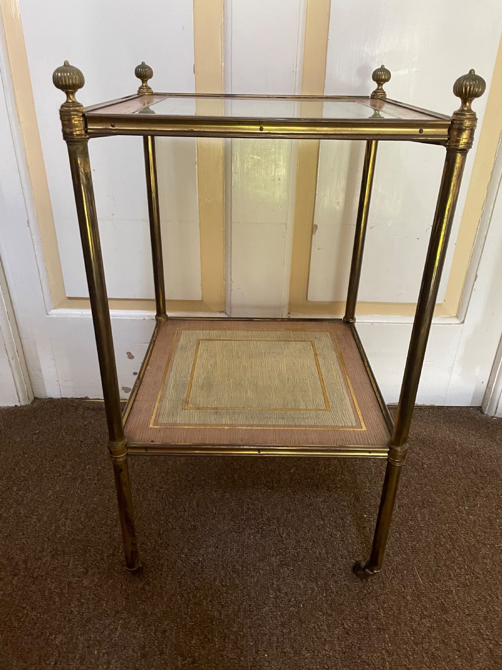 Fine quality early C20th brass-framed two-tier etagere with nacre-shell inlaid panel top. View II