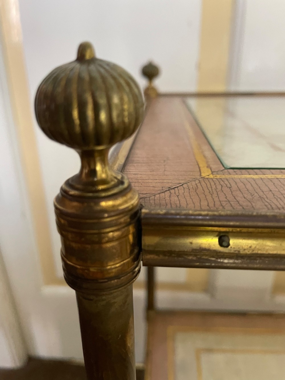 Fine quality early C20th brass-framed two-tier etagere with nacre-shell inlaid panel top. View III