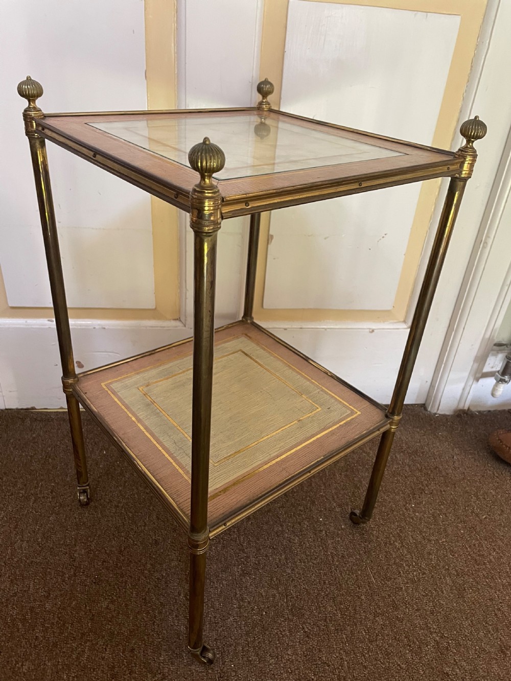 Fine quality early C20th brass-framed two-tier etagere with nacre-shell inlaid panel top. View V