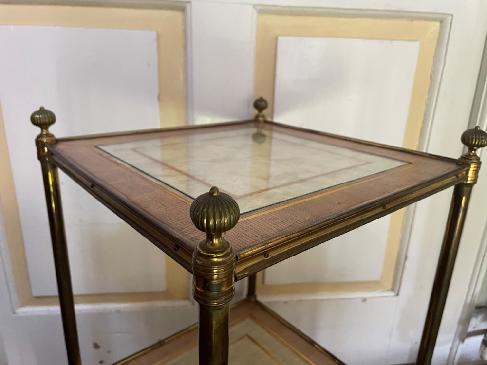 Fine quality early C20th brass-framed two-tier etagere with nacre-shell inlaid panel top. View VI