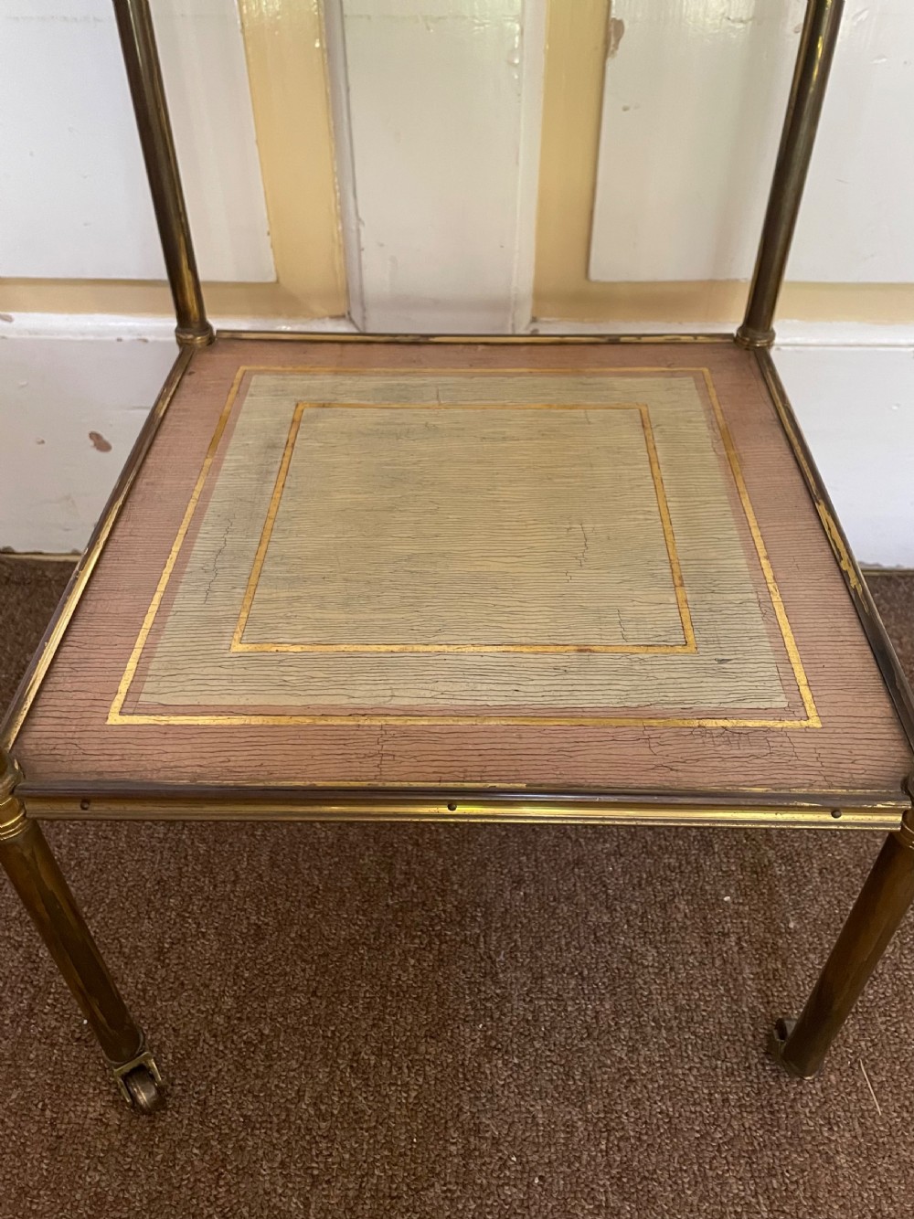 Fine quality early C20th brass-framed two-tier etagere with nacre-shell inlaid panel top. View VII