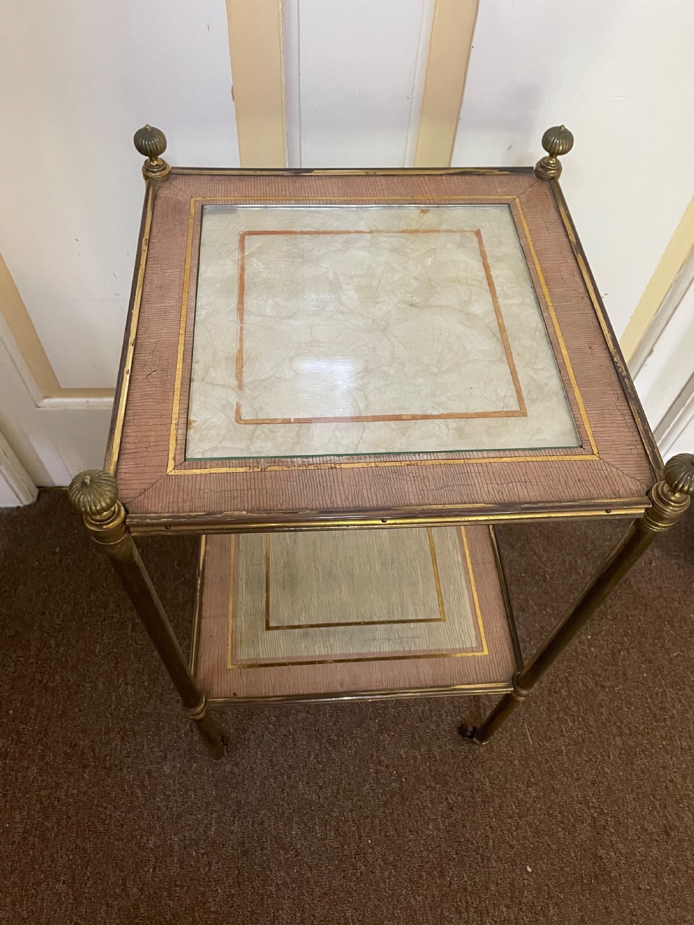 Fine quality early C20th brass-framed two-tier etagere with nacre-shell inlaid panel top. View IX