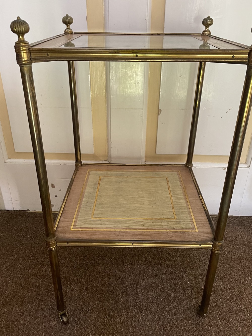 Fine quality early C20th brass-framed two-tier etagere with nacre-shell inlaid panel top. View X