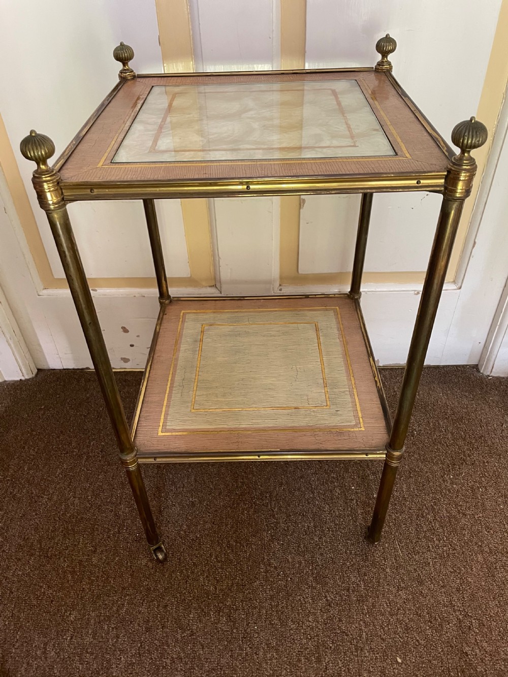 Fine quality early C20th brass-framed two-tier etagere with nacre-shell inlaid panel top. View XI