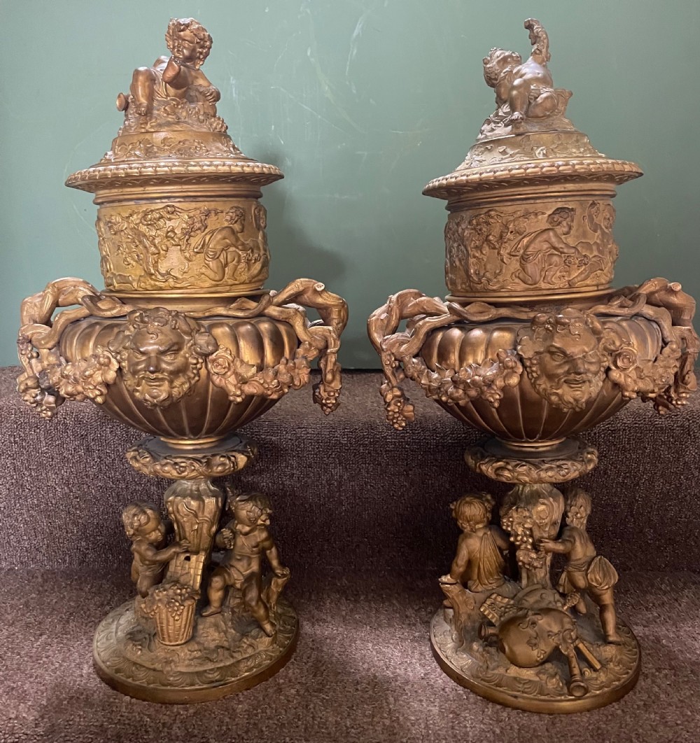 Pair of large late C19th French Napoleon III period gilt metal wine-coolers of circular form, after ‘Clodion’ . View II