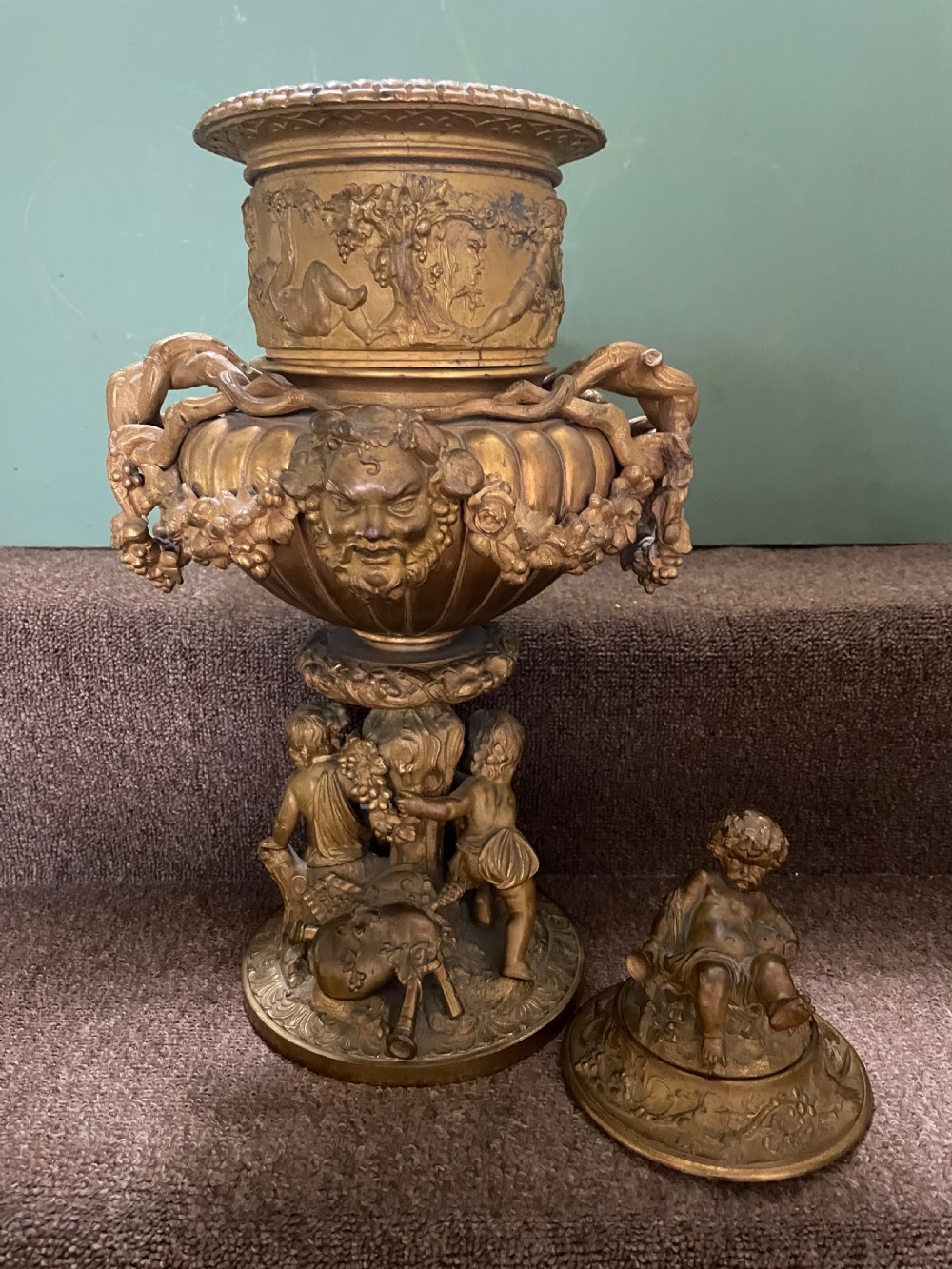 Pair of large late C19th French Napoleon III period gilt metal wine-coolers of circular form, after ‘Clodion’ . View IX