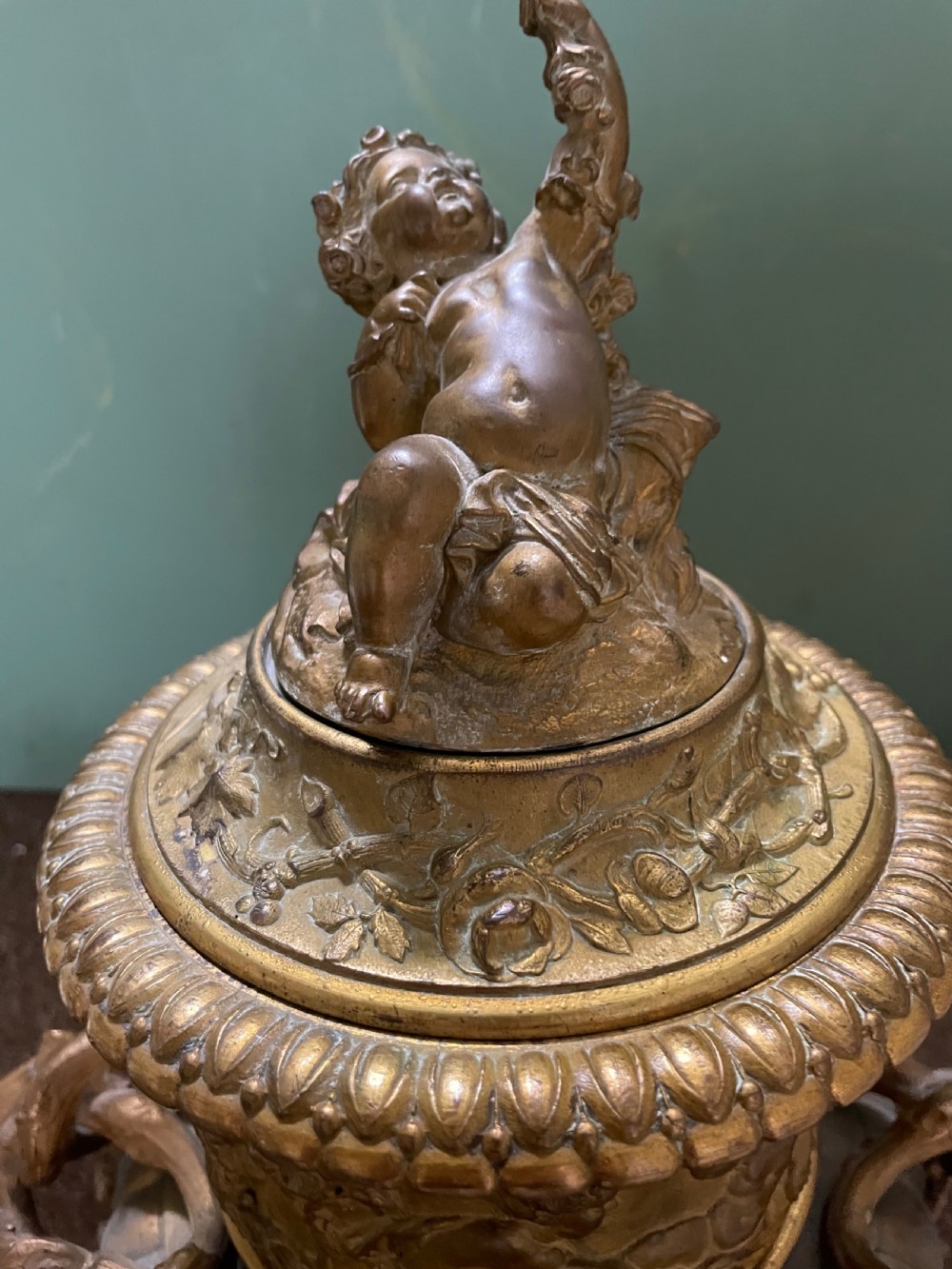 Pair of large late C19th French Napoleon III period gilt metal wine-coolers of circular form, after ‘Clodion’ . View XI