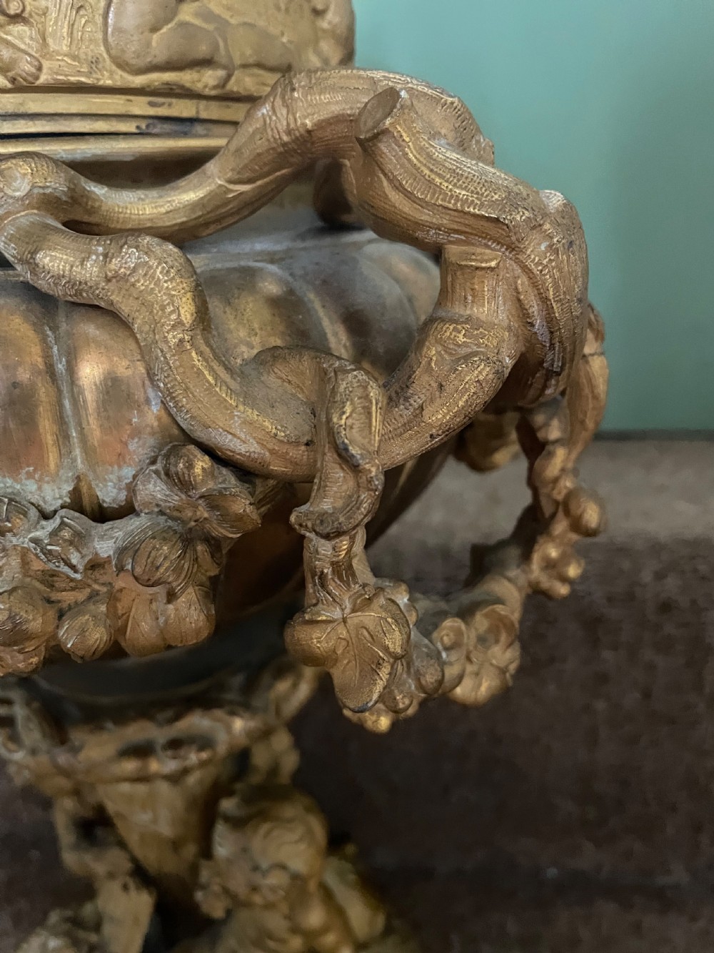 Pair of large late C19th French Napoleon III period gilt metal wine-coolers of circular form, after ‘Clodion’ . View XVI