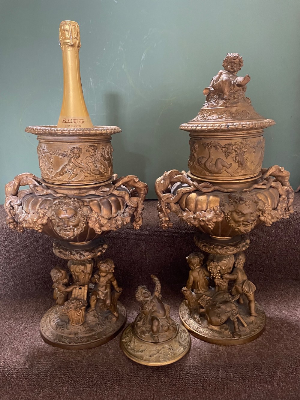 Pair of large late C19th French Napoleon III period gilt metal wine-coolers of circular form, after ‘Clodion’ . View XVII